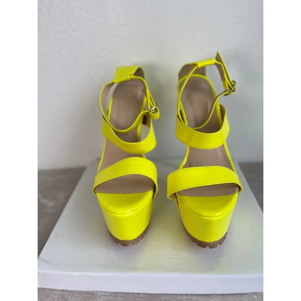 Neon Yellow Patent Platform Sandals Triple Strap Stiletto Lug Sole Heels Size 41